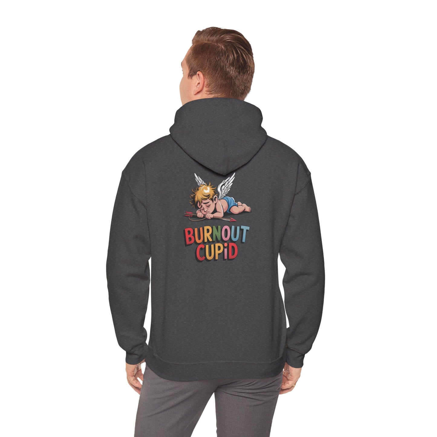Burnout Cupid Hoodie — Cute Tired Cupid Graphic Pullover