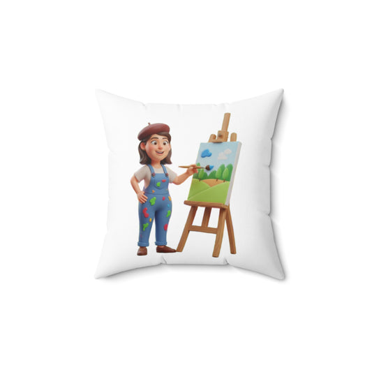 Artist Painting Pillow — Cute Painter Illustration Square Throw Pillow