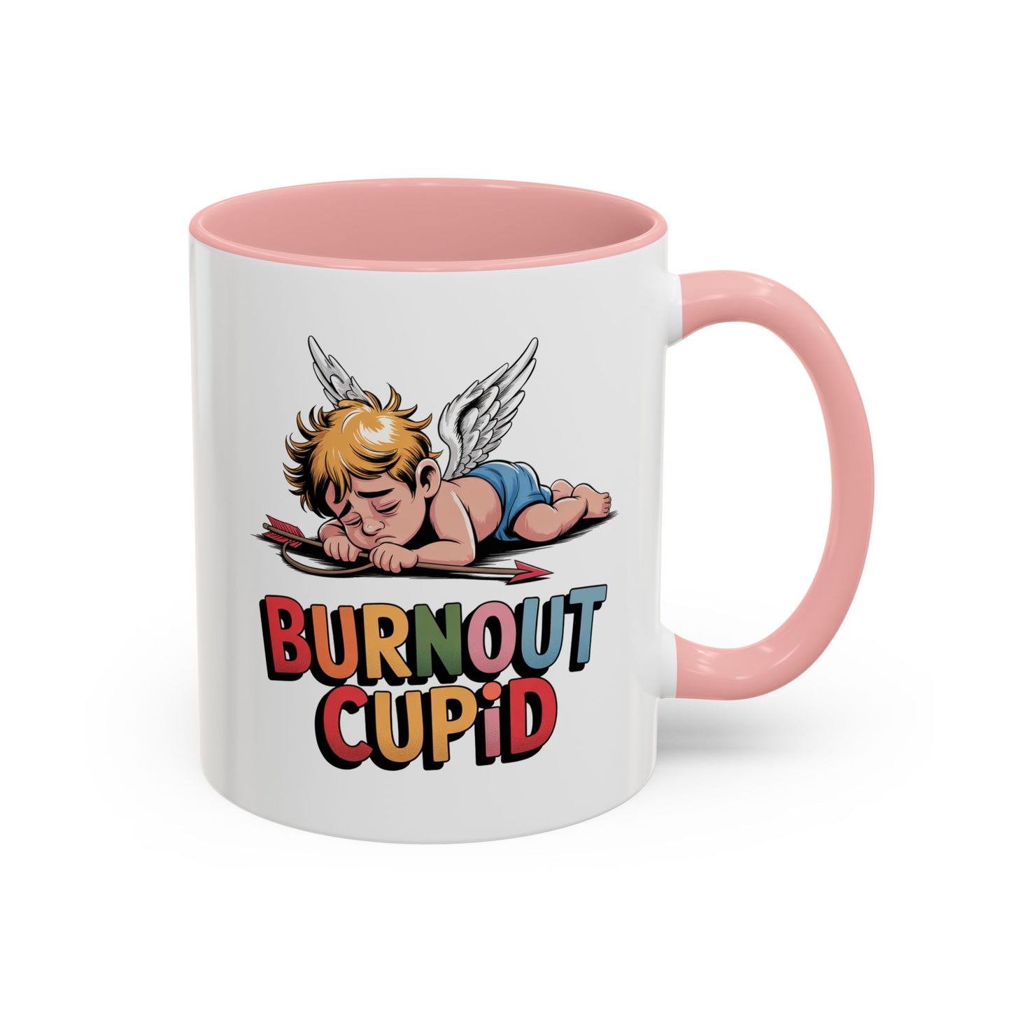 Burnout Cupid Coffee Mug — Cute Tired Cupid Accent Mug (11/15 oz)