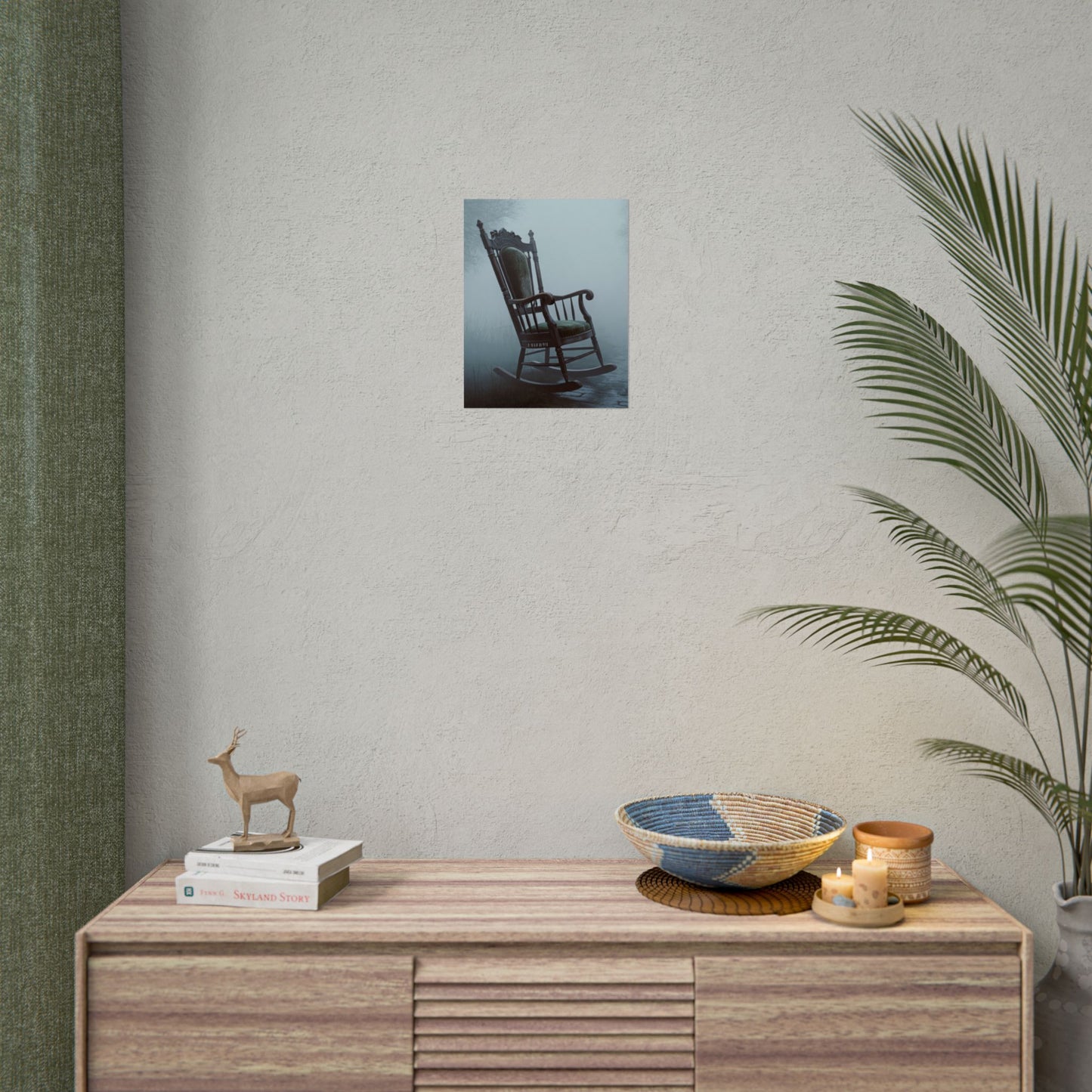 Vintage-Schaukelstuhl-Poster – Stimmungsvolles, nebliges Cottage-Wandbild (gerolltes Poster)