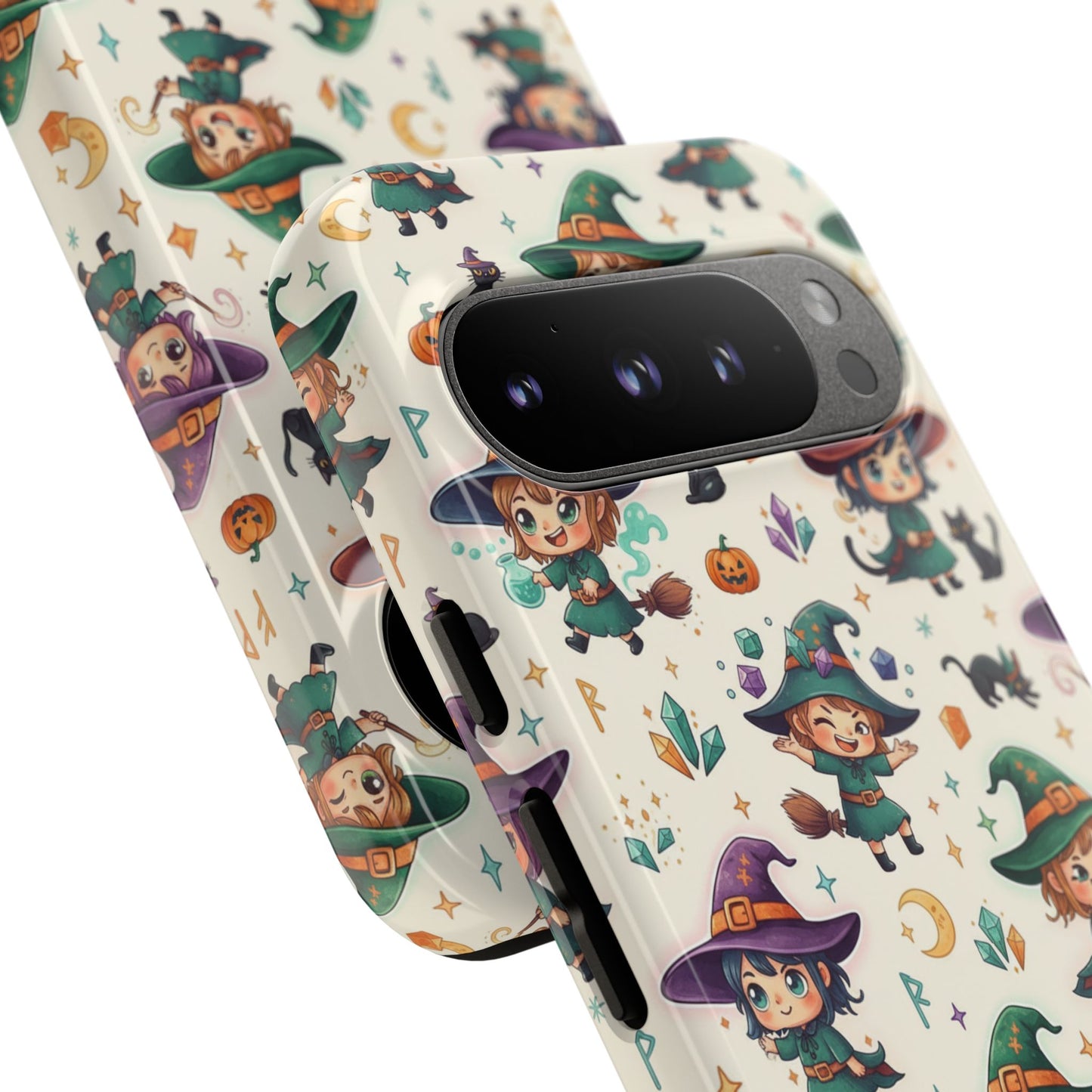 Google Phone - Cute Halloween Witch Phone Case – Cartoon Witches, Black Cats & Pumpkins
