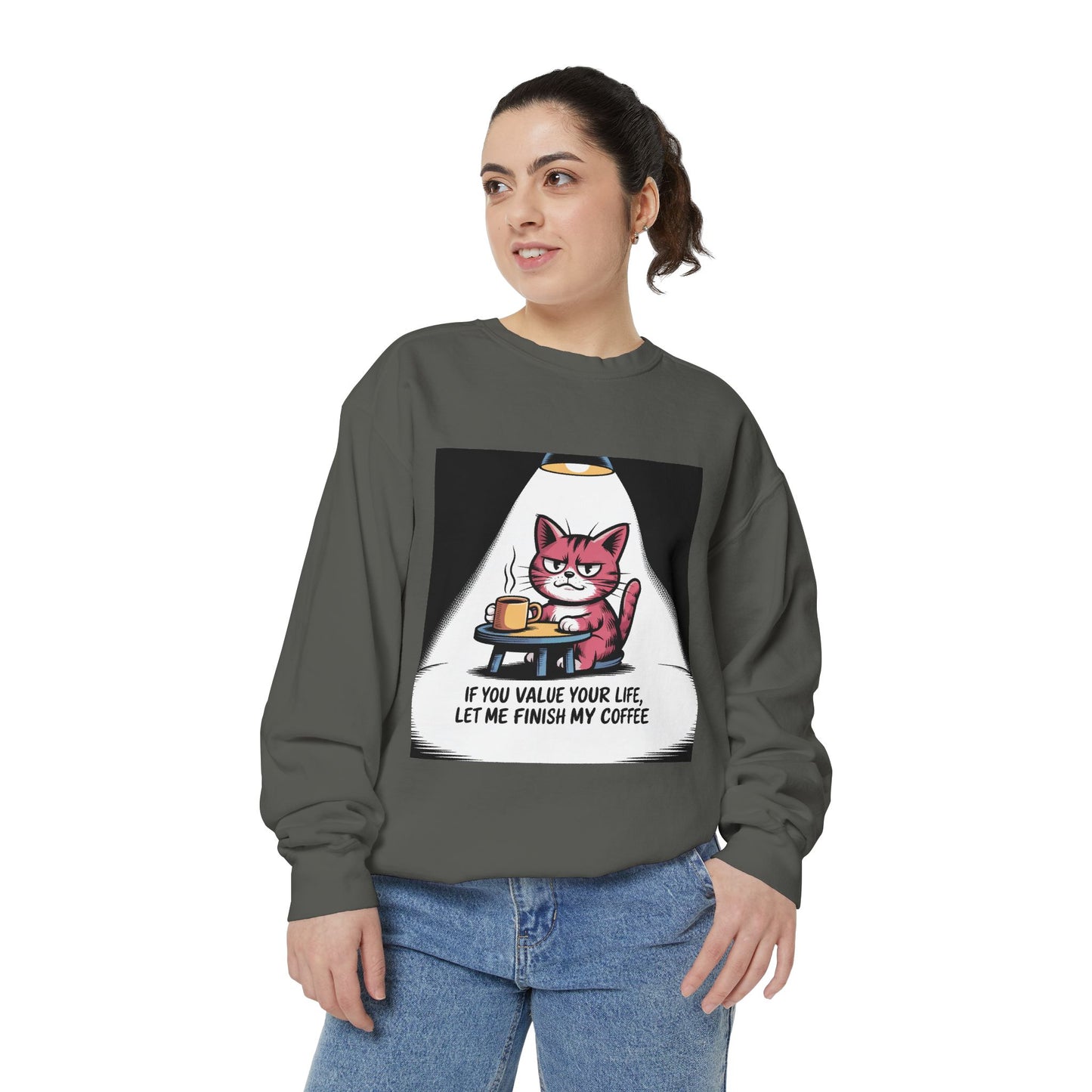 Lustiges Katzen-Sweatshirt – „Wenn dir dein Leben lieb ist, lass mich meinen Kaffee austrinken“ – Kuscheliger Pullover mit Grafikprint