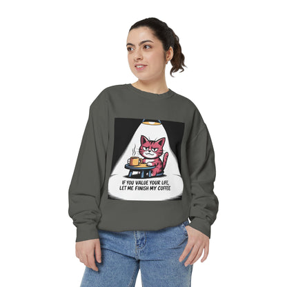 Lustiges Katzen-Sweatshirt – „Wenn dir dein Leben lieb ist, lass mich meinen Kaffee austrinken“ – Kuscheliger Pullover mit Grafikprint
