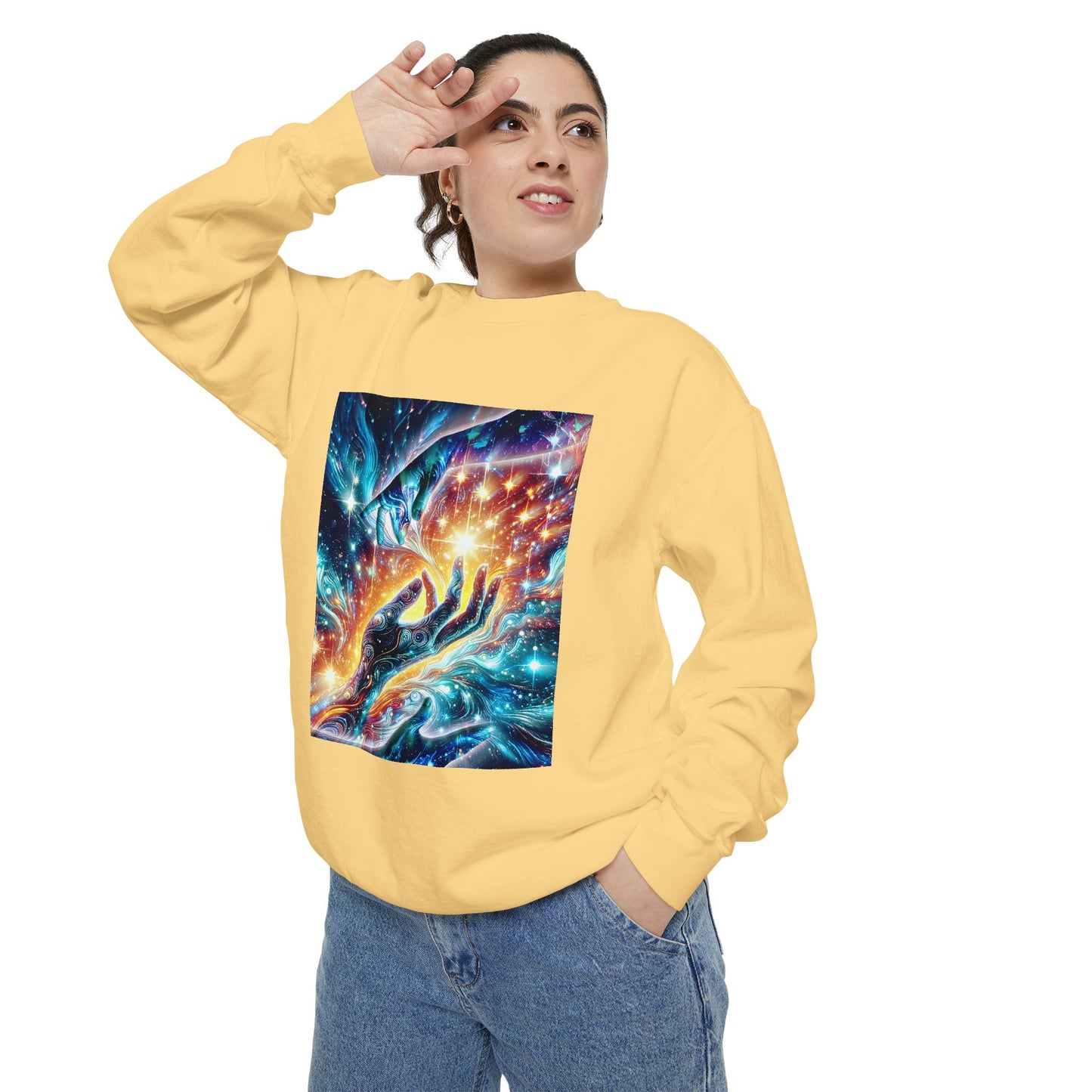 Galaxy Touch Sweatshirt — Cosmic Hands Astral Art Crewneck