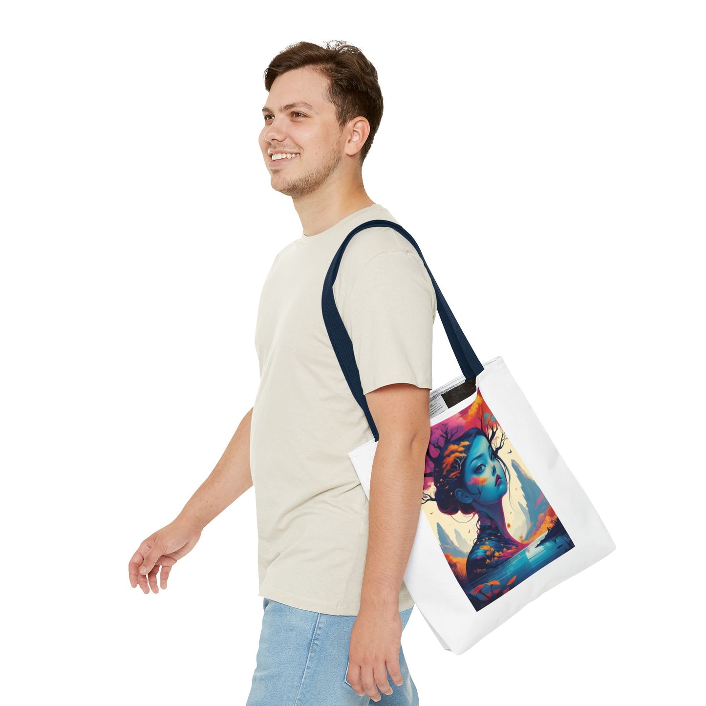 Artistic Blue Forest Maiden Tote Bag - Surreal Portrait All-Over Print