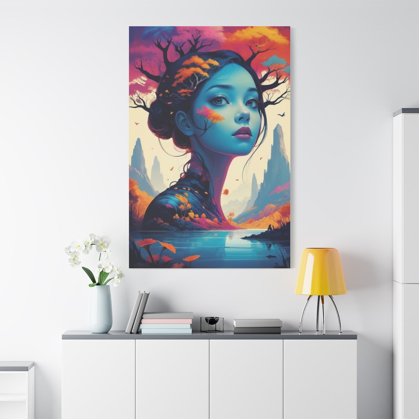 Surreal Blue Muse Matte Stretched Canvas Art — Dreamscape Portrait Wall Decor