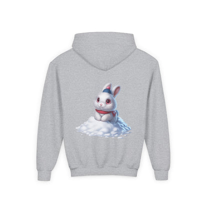 Youth Hoodie — Cute White Bunny in Snowback Graphic