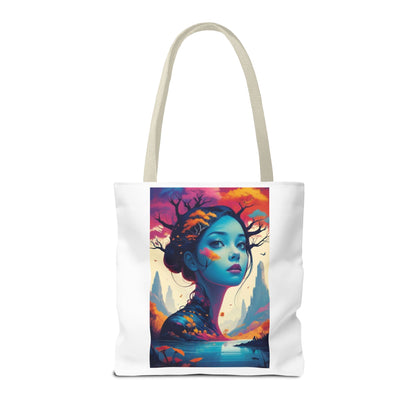 Artistic Blue Forest Maiden Tote Bag - Surreal Portrait All-Over Print