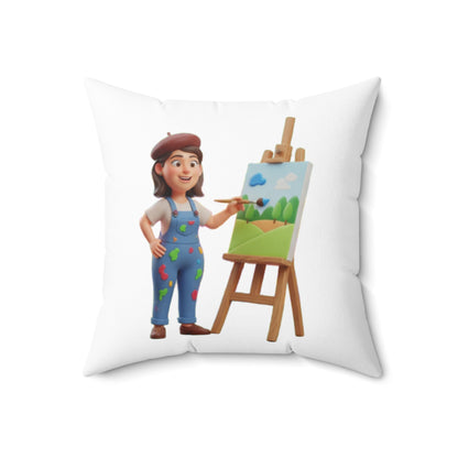 Artist Painting Pillow — Cute Painter Illustration Square Throw Pillow