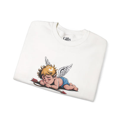 Burnout Cupid Sweatshirt — Tired Cupid Graphic Crewneck for Valentine’s Day