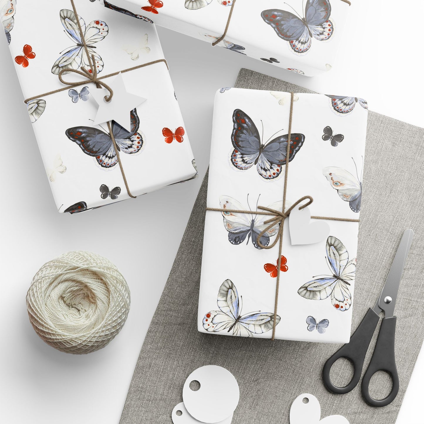 Butterfly Pattern Wrapping Paper — Watercolor Moths & Red Accent Gift Wrap