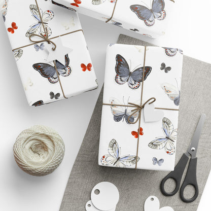 Butterfly Pattern Wrapping Paper — Watercolor Moths & Red Accent Gift Wrap