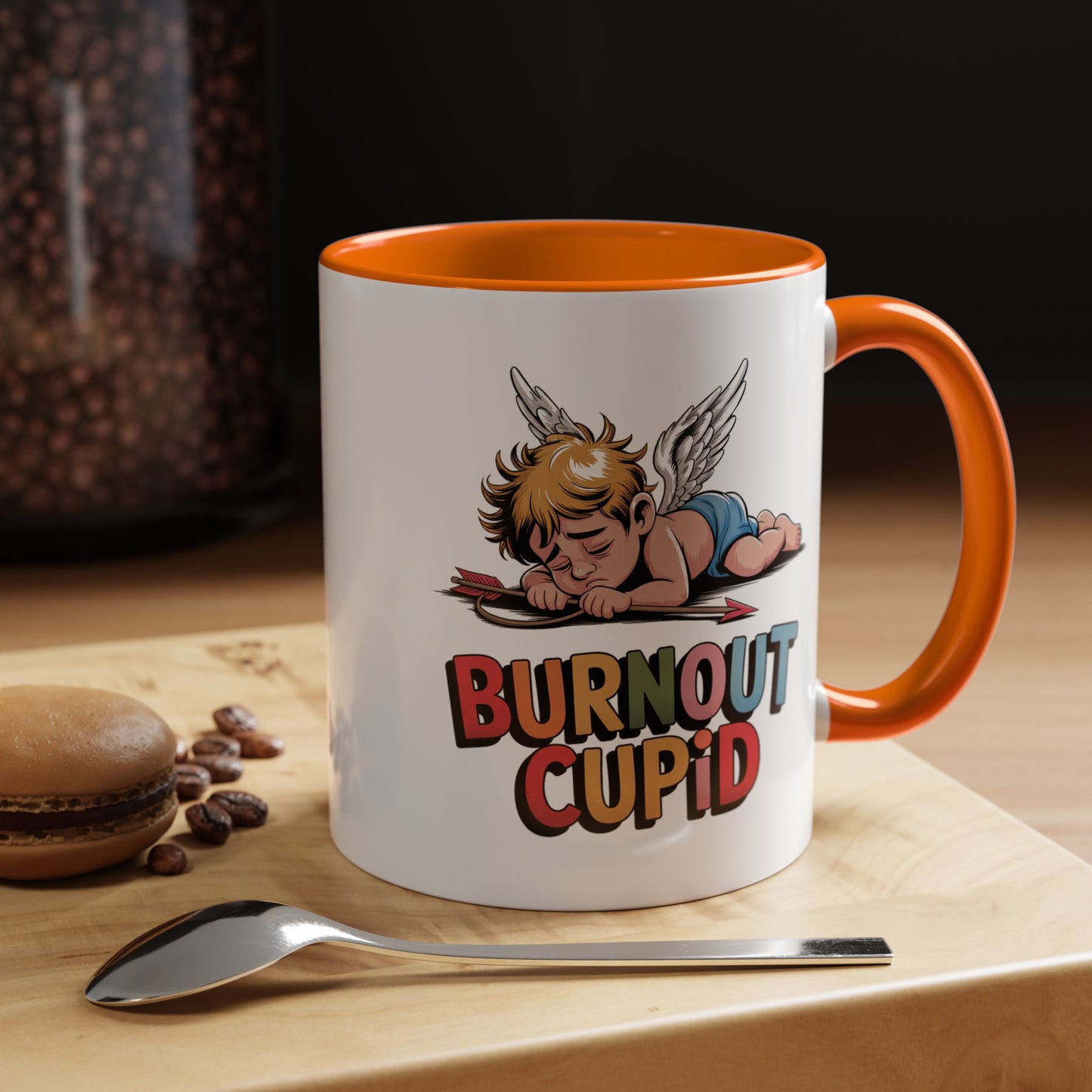 Burnout Cupid Coffee Mug — Cute Tired Cupid Accent Mug (11/15 oz)