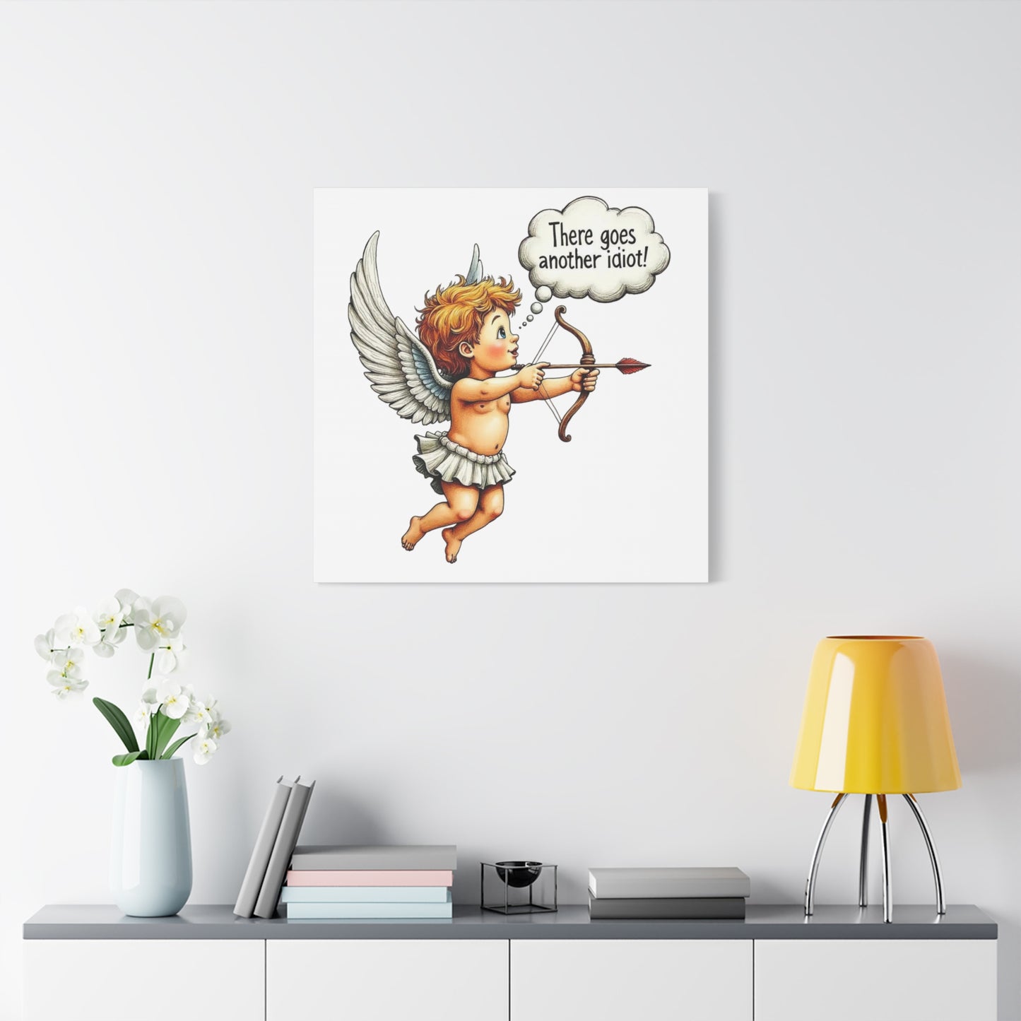Funny Cupid Canvas Wall Art – 'There Goes Another Idiot!' Stretched Matte Canvas