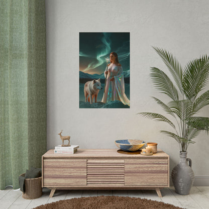 Aurora Guardian Poster – Fantasy-Frau mit weißem Wolf (Wandbild)