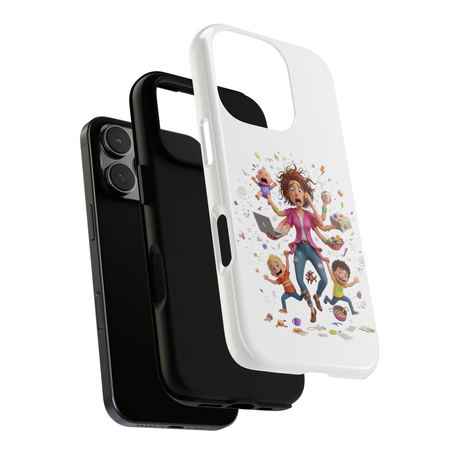 iPhone Phone Case — Hectic Mom Cartoon Design (Multitasking Mother, Kids & Chaos)