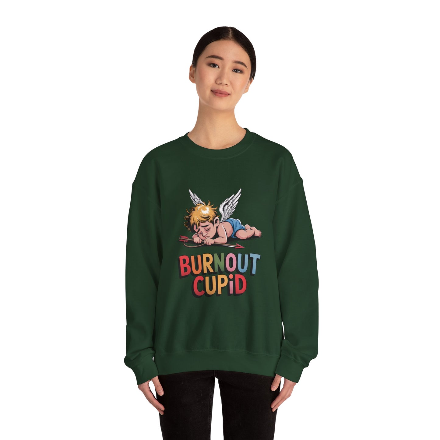 Burnout Cupid Sweatshirt — Tired Cupid Graphic Crewneck for Valentine’s Day
