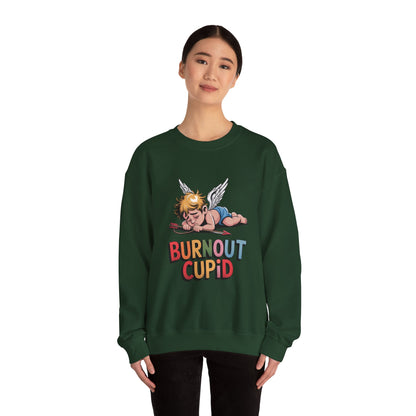 Burnout Cupid Sweatshirt — Tired Cupid Graphic Crewneck for Valentine’s Day