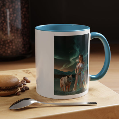 Taza de café Aurora Guardiana — Arte fantástico de mujer con lobo