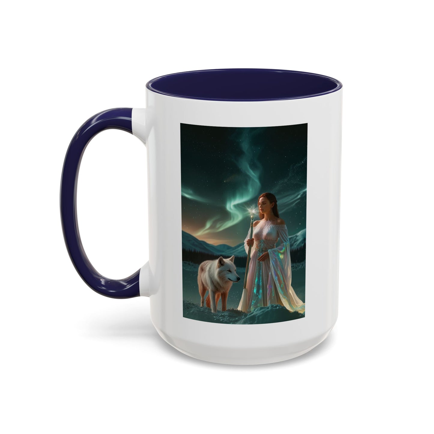 Taza de café Aurora Guardiana — Arte fantástico de mujer con lobo