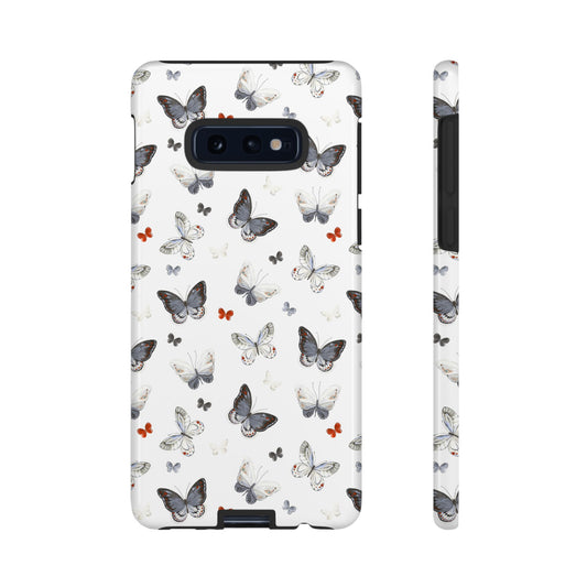 Samsung Butterfly Pattern Phone Case — Elegant Monochrome & Red Accent Protective Case