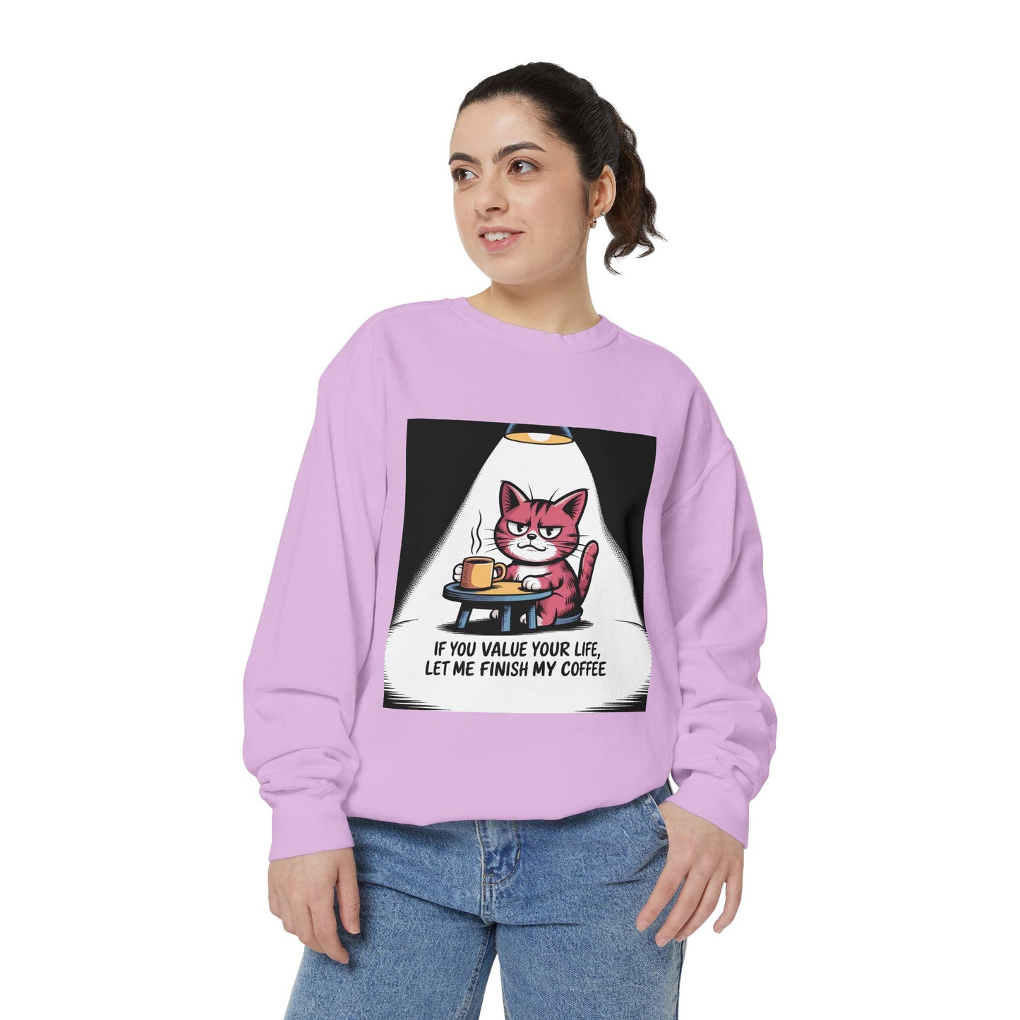 Lustiges Katzen-Sweatshirt – „Wenn dir dein Leben lieb ist, lass mich meinen Kaffee austrinken“ – Kuscheliger Pullover mit Grafikprint