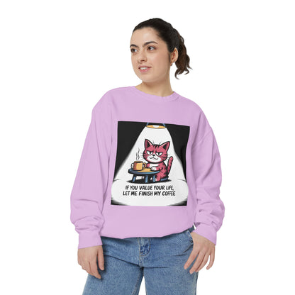 Lustiges Katzen-Sweatshirt – „Wenn dir dein Leben lieb ist, lass mich meinen Kaffee austrinken“ – Kuscheliger Pullover mit Grafikprint