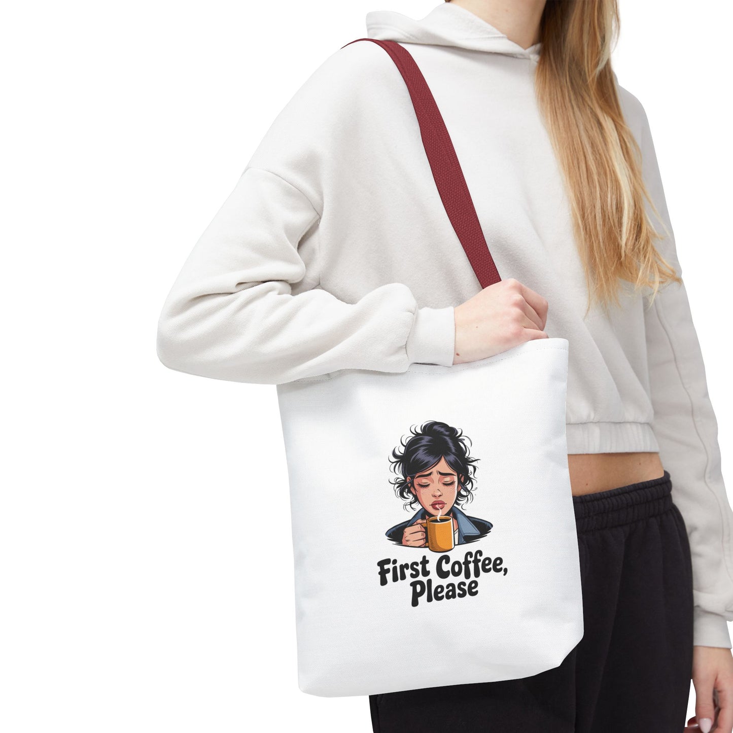 First Coffee Please Tote Bag — Cute Morning Coffee Lover Canvas Tote