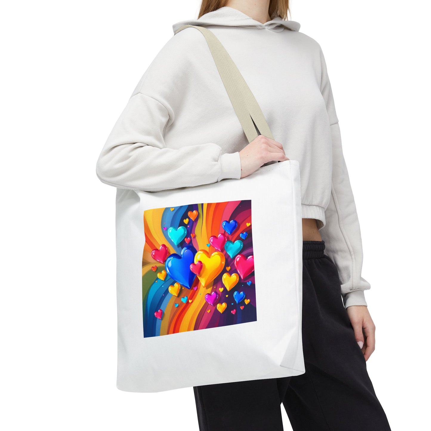Colorful Heart Burst Tote Bag — Rainbow Love All-Over Print