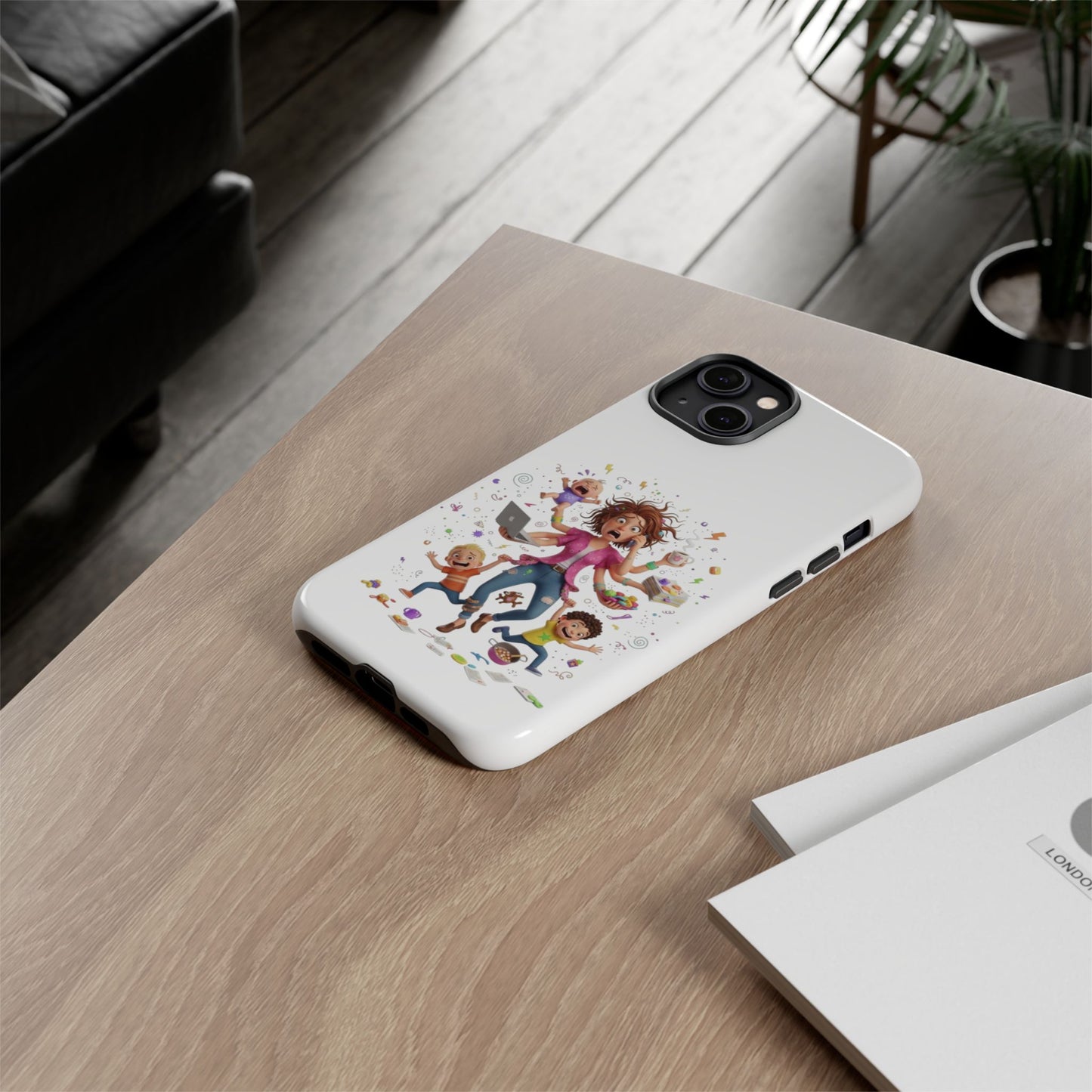 iPhone Phone Case — Hectic Mom Cartoon Design (Multitasking Mother, Kids & Chaos)