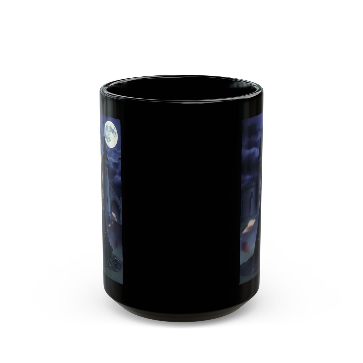 Gothic Moonlit Witch Black Coffee Mug — Dark Castle Night Scene (11oz/15oz)