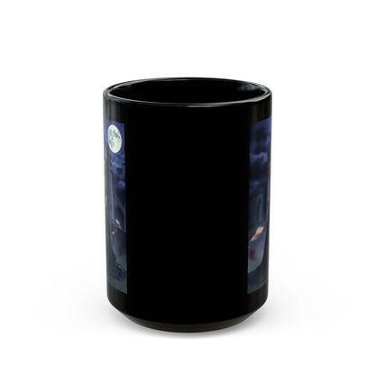 Gothic Moonlit Witch Black Coffee Mug — Dark Castle Night Scene (11oz/15oz)