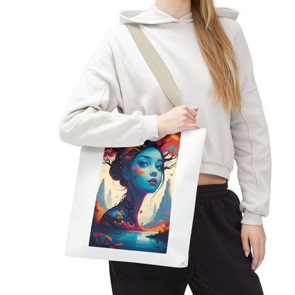 Artistic Blue Forest Maiden Tote Bag - Surreal Portrait All-Over Print