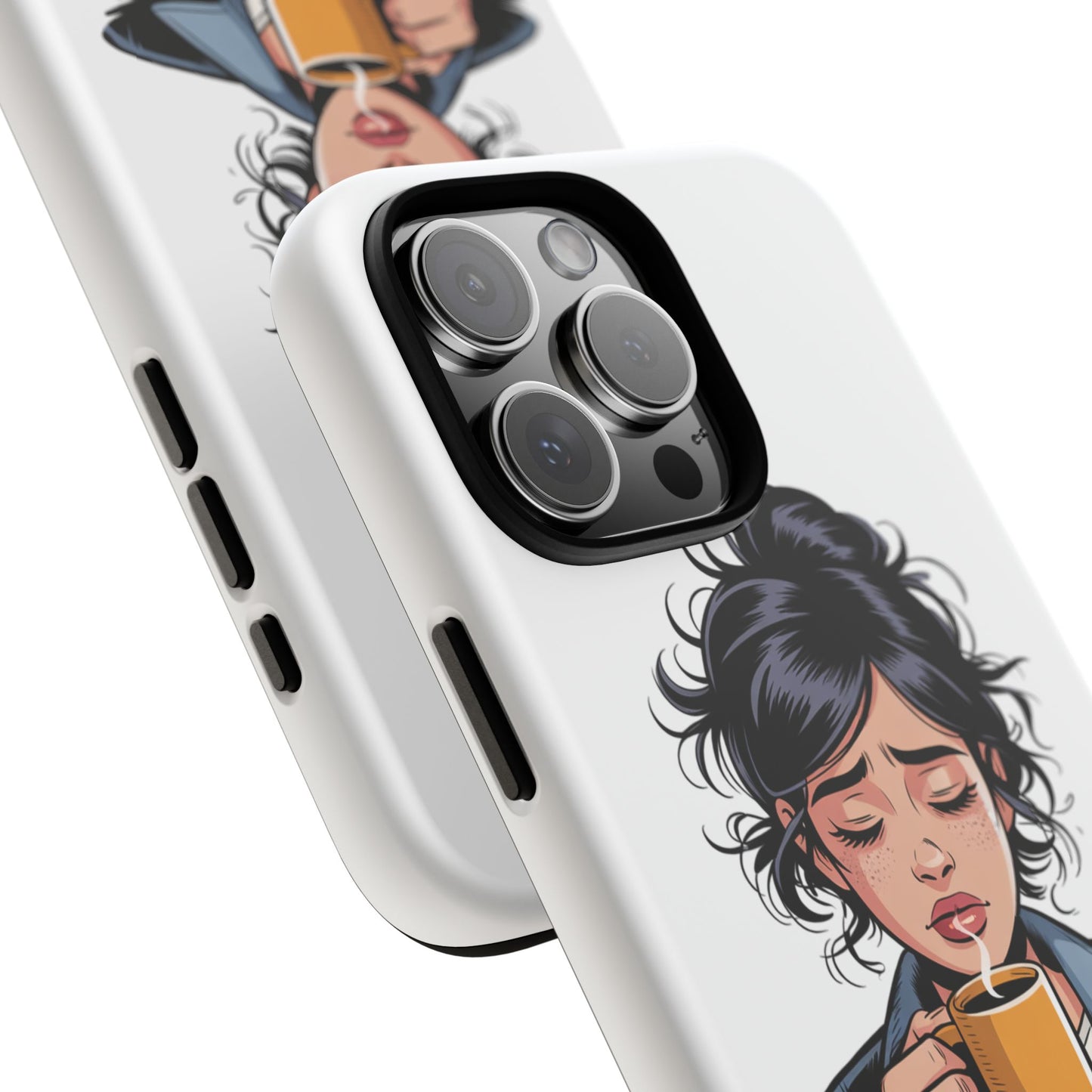 iPhone Phone Case — "First Coffee, Please" Woman Holding Mug, Funny Morning Coffee Gift