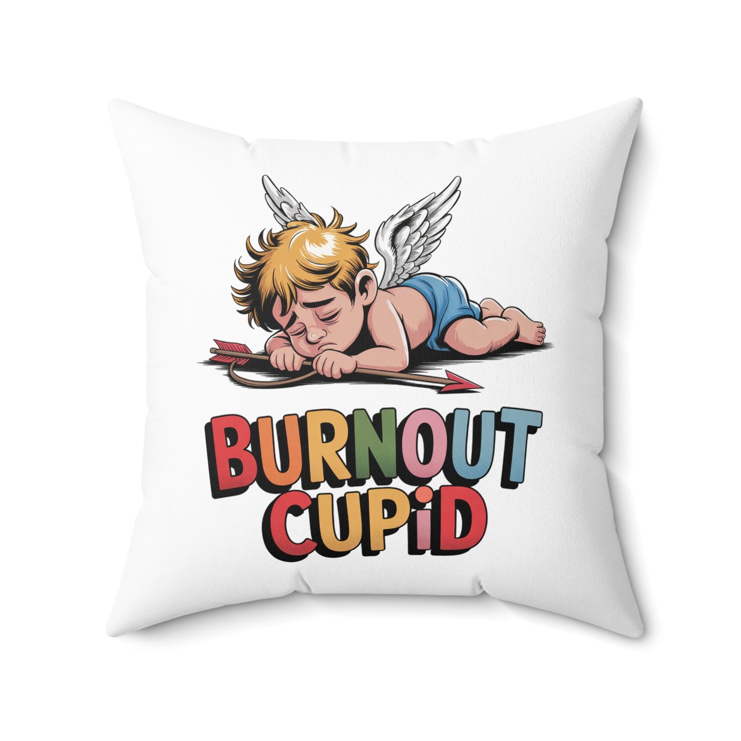 Burnout Cupid Throw Pillow — Cute Tired Cupid Decorative Pillow with 'Burnout Cupid' Text