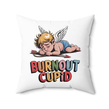 Burnout Cupid Throw Pillow — Cute Tired Cupid Decorative Pillow with 'Burnout Cupid' Text