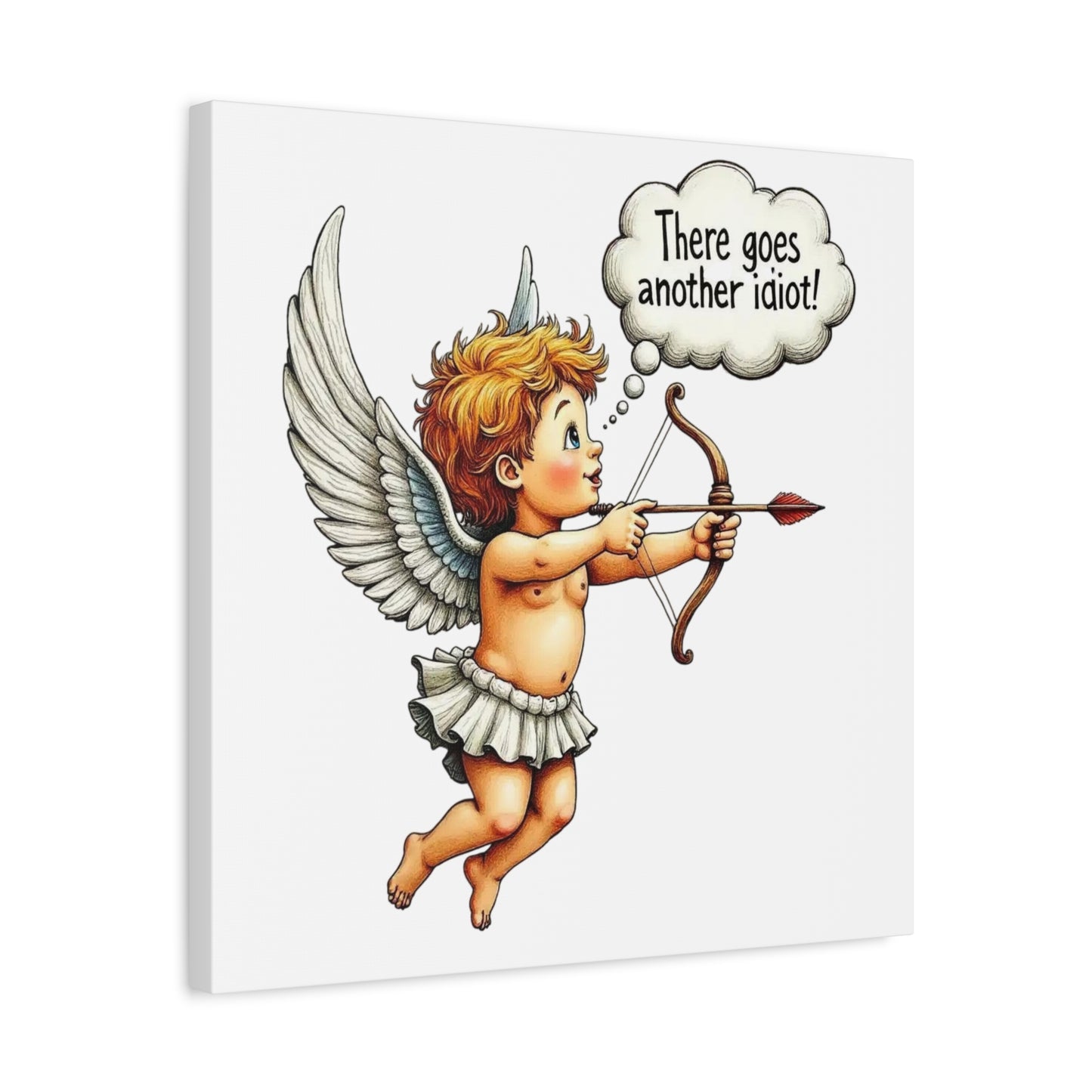 Funny Cupid Canvas Wall Art – 'There Goes Another Idiot!' Stretched Matte Canvas