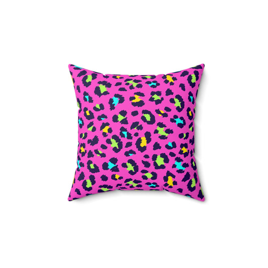 Pink Neon Leopard Print Square Pillow – Bright Animal Print Decorative Cushion
