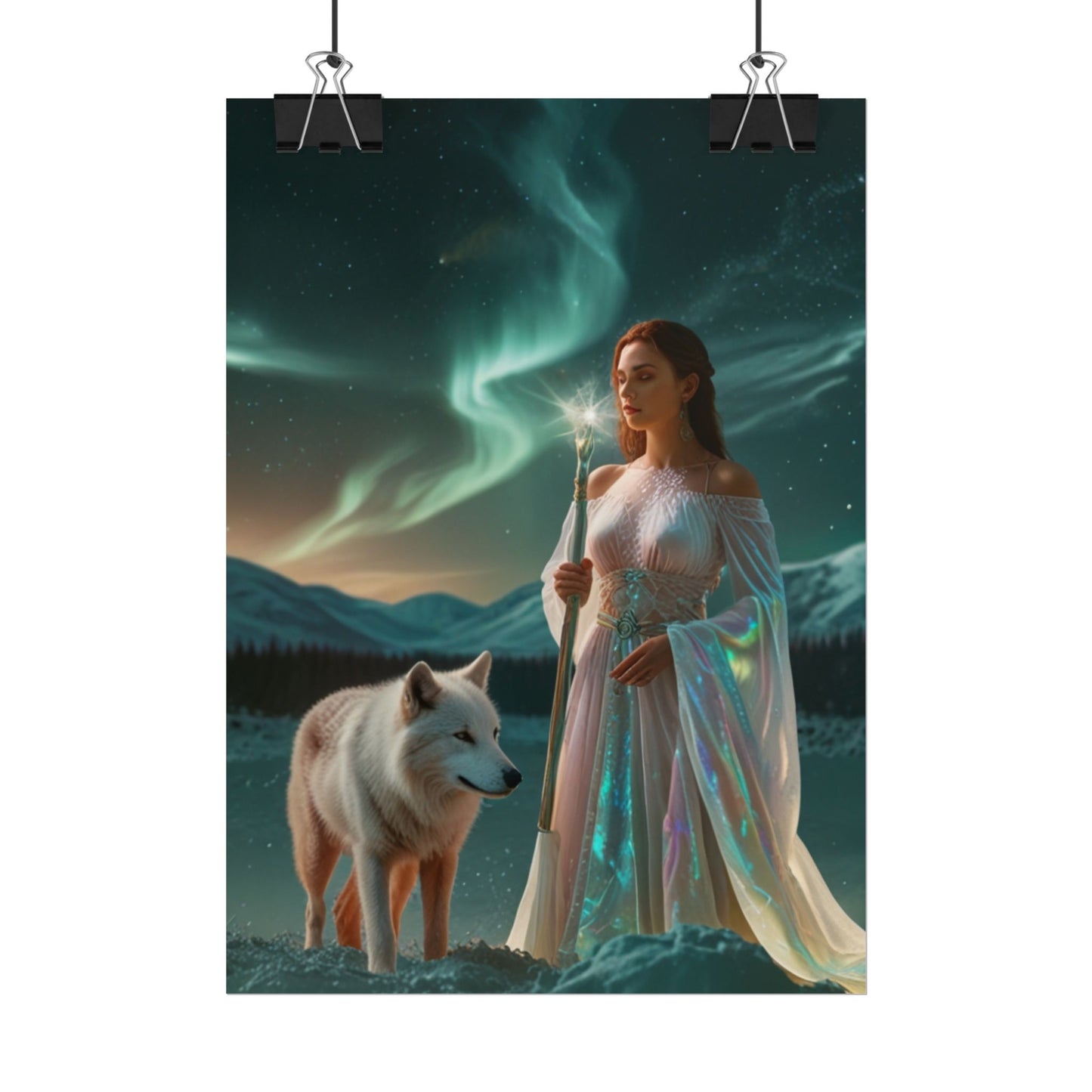 Aurora Guardian Poster – Fantasy-Frau mit weißem Wolf (Wandbild)