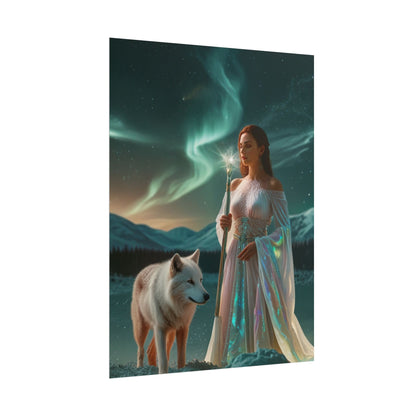Aurora Guardian Poster – Fantasy-Frau mit weißem Wolf (Wandbild)