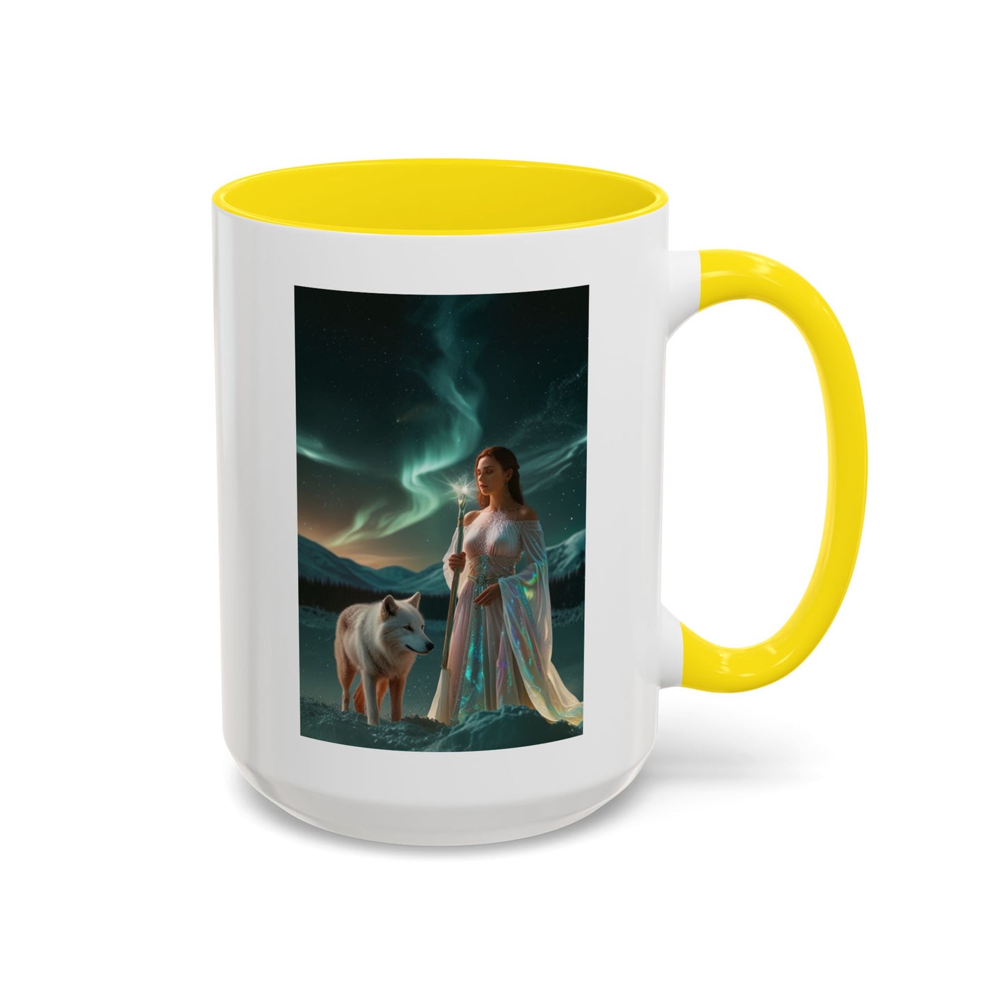 Taza de café Aurora Guardiana — Arte fantástico de mujer con lobo