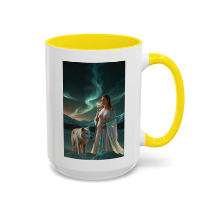 Taza de café Aurora Guardiana — Arte fantástico de mujer con lobo