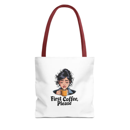 First Coffee Please Tote Bag — Cute Morning Coffee Lover Canvas Tote