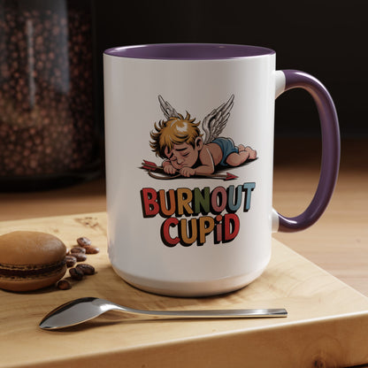 Burnout Cupid Coffee Mug — Cute Tired Cupid Accent Mug (11/15 oz)