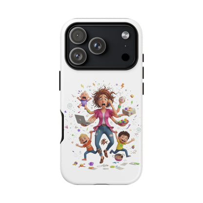 iPhone Phone Case — Hectic Mom Cartoon Design (Multitasking Mother, Kids & Chaos)