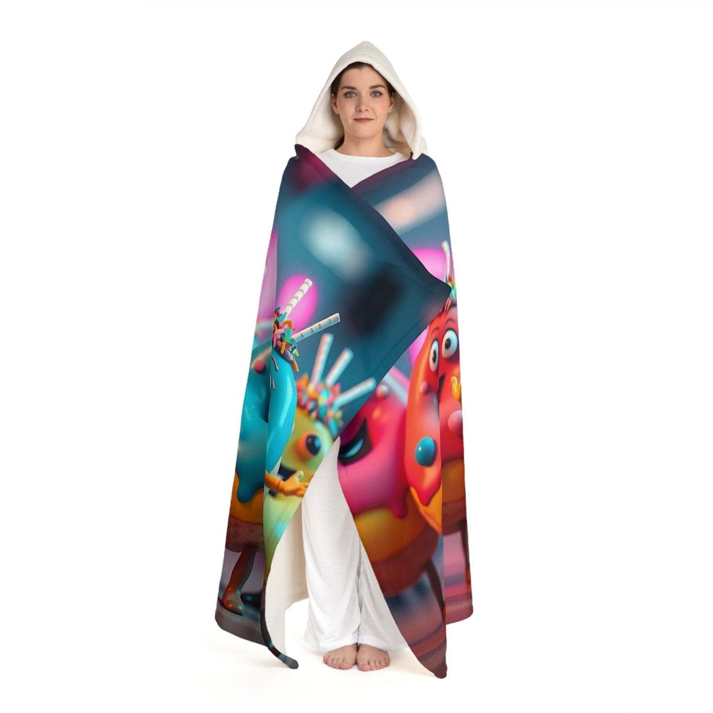 Hooded Sherpa Blanket — Colorful Cartoon Creatures Cozy Throw