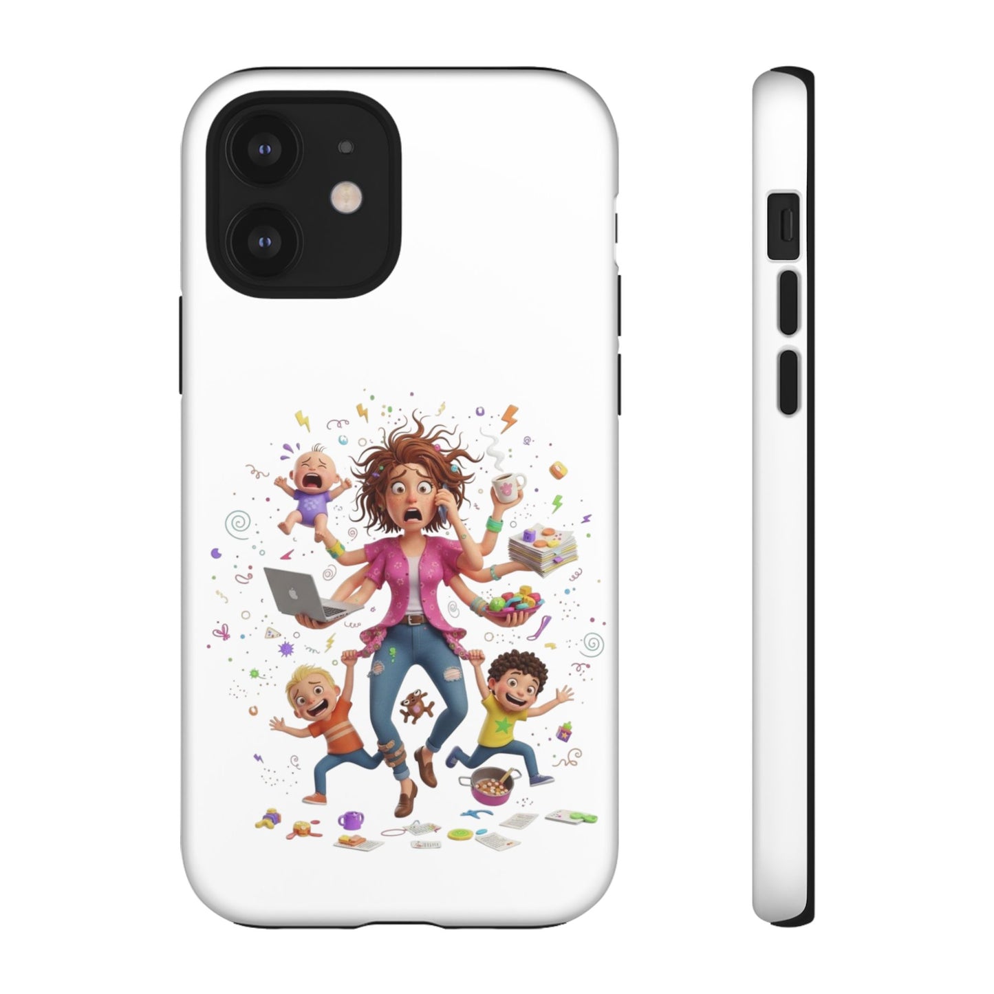 iPhone Phone Case — Hectic Mom Cartoon Design (Multitasking Mother, Kids & Chaos)