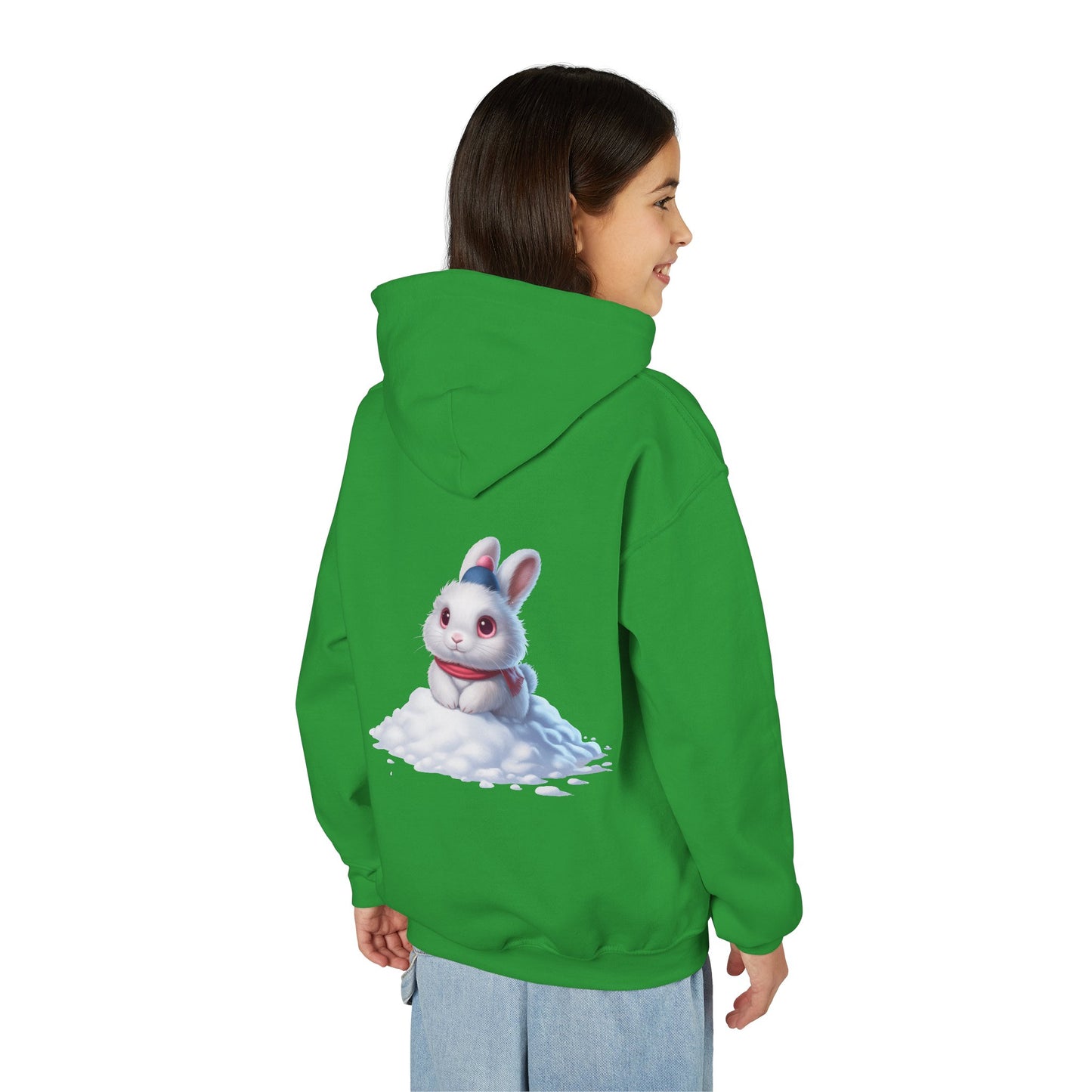 Youth Hoodie — Cute White Bunny in Snowback Graphic