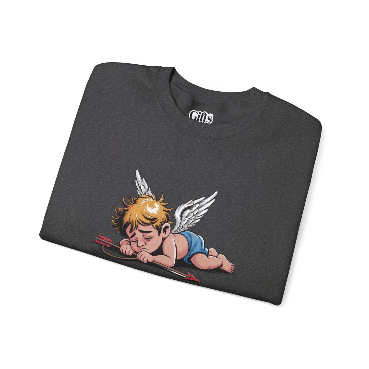 Burnout Cupid Sweatshirt — Tired Cupid Graphic Crewneck for Valentine’s Day