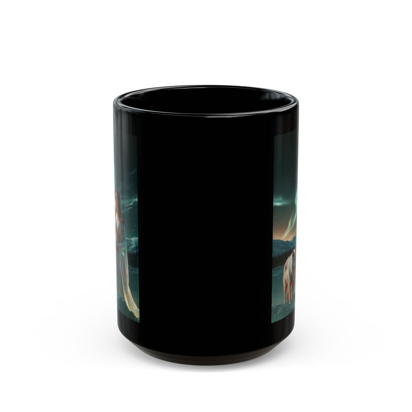 Taza negra de Mujer Mística y Lobo – Taza de café Aurora Fantasía (325 ml, 430 ml)